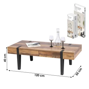 Mesa de Centro com 2 Gavetas e Tripé em Metal "Brams" (Preto - 120x55x40 cm)